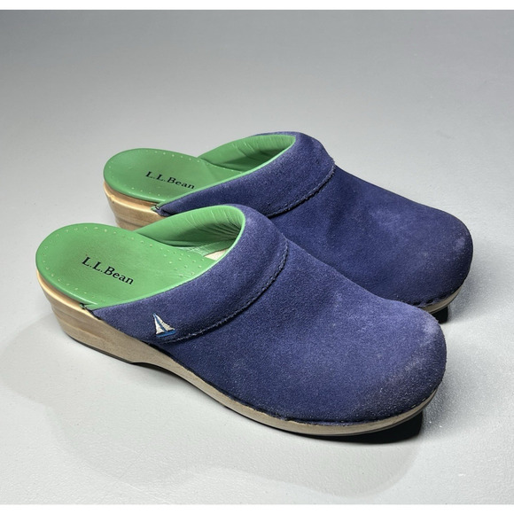 LL Bean Slide Clogs Womens 8 Blue Suede Sailboat Logo Slip On Preppy Coastal - Picture 1 of 13
